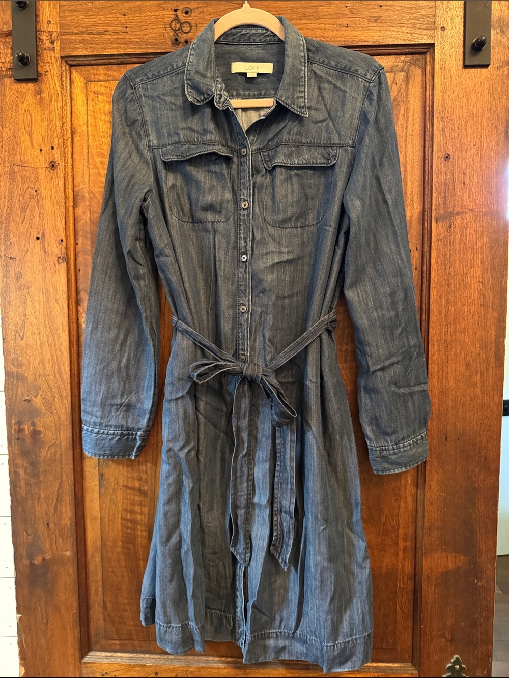 LOFT Blue Denim Tie-Waist Shirt Dress